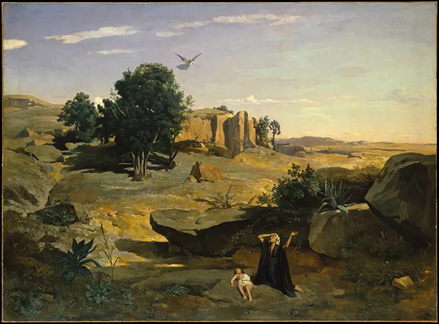 Lukisan Naturalis Hagar in the Wilderness (1835) karya Camille Corot