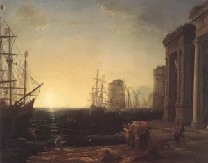 Lukisan Naturalis Harbor Scene at Sunset (1643) karya Claude Lorrain